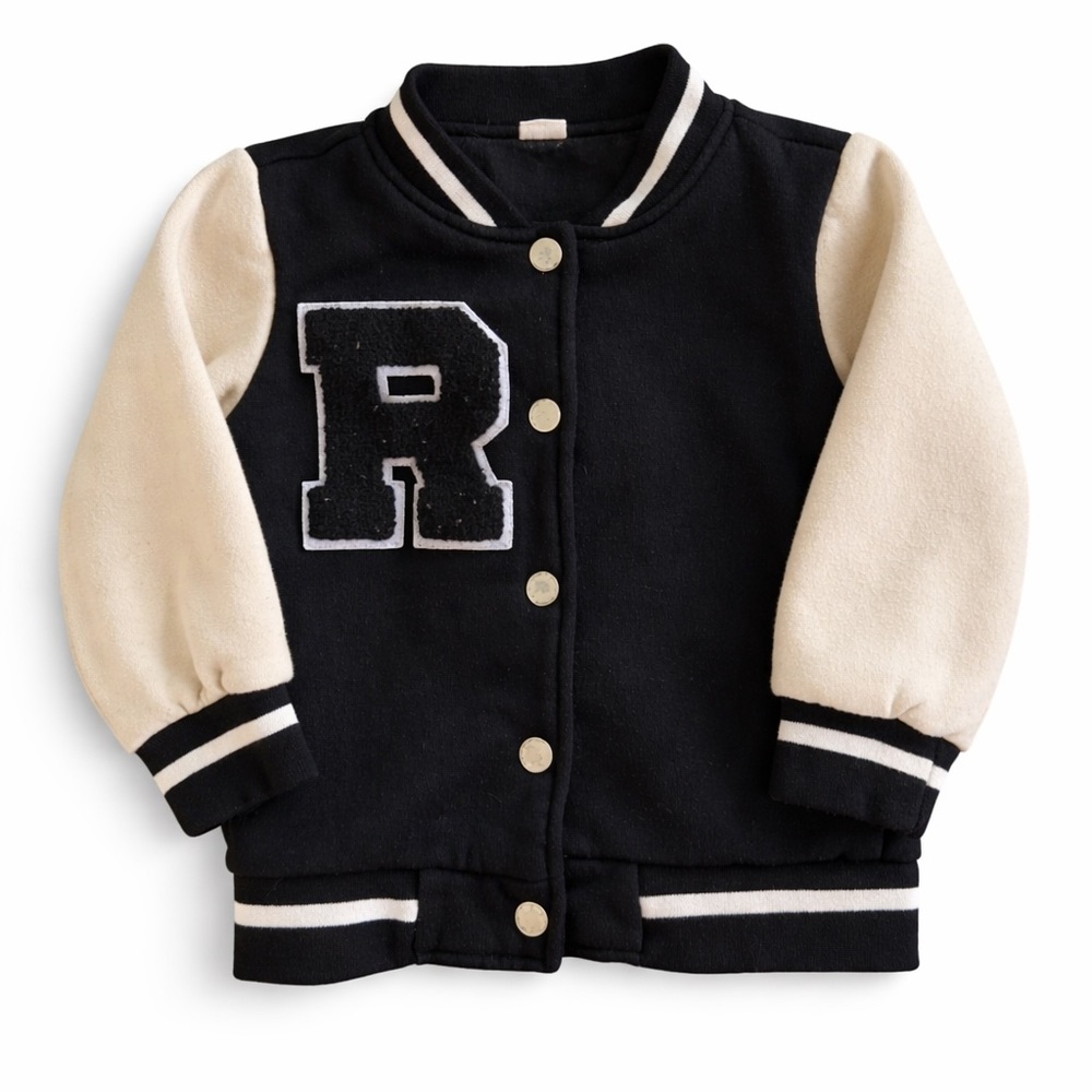 Toddler Varsity Jacket 2T | Black & Cream Letterman Jacket “R” Button Front